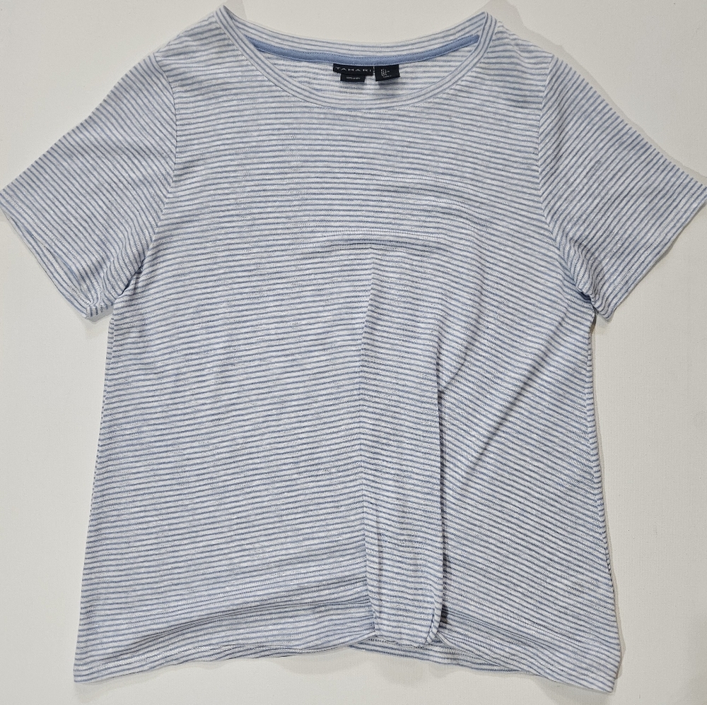 Tahari 100% Linen Top Womens Large White Blue Stripe Gathered‎ Front